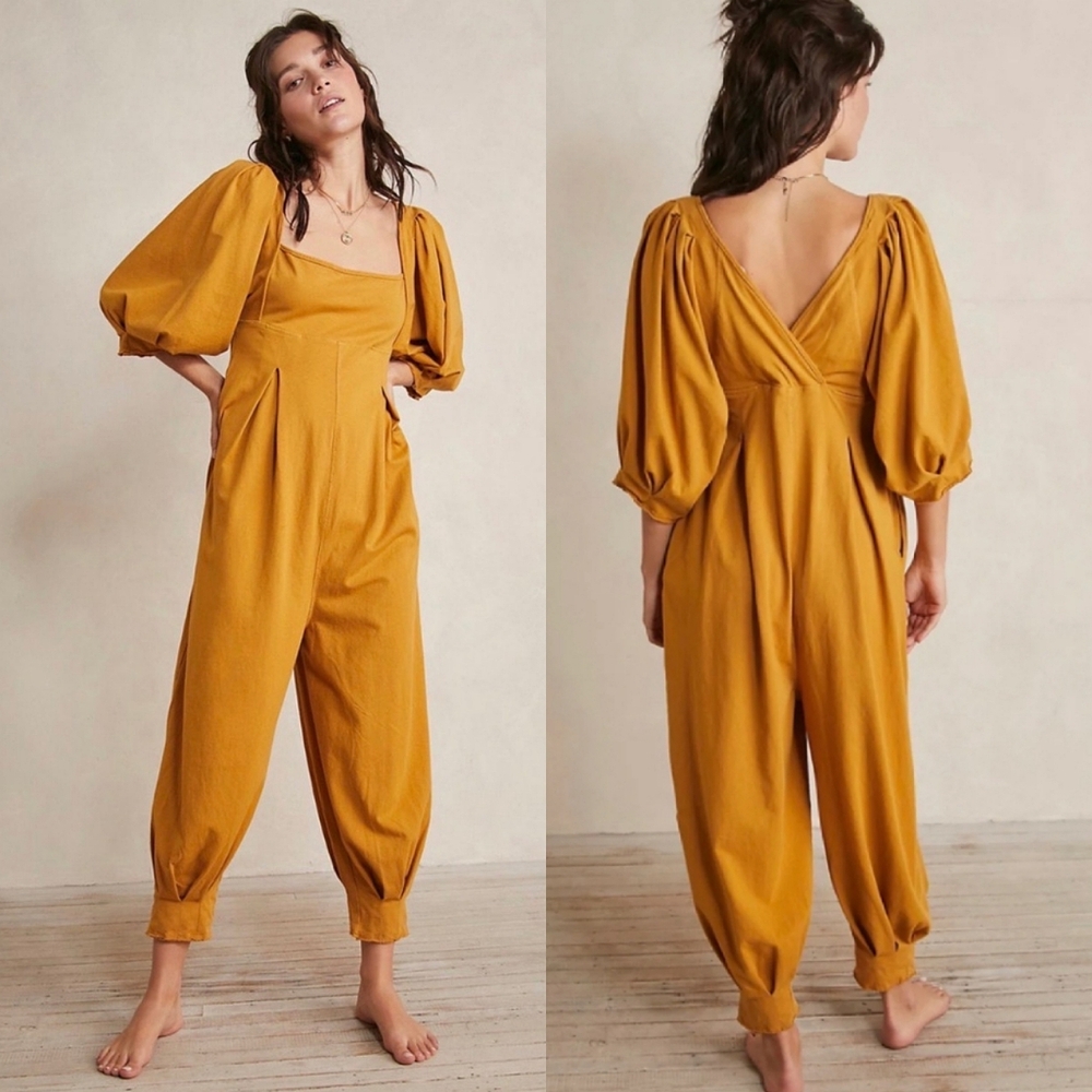 Free People Lotta Love Romper in Mustard Cotton Boho Hobo Oversized Baggy Size S